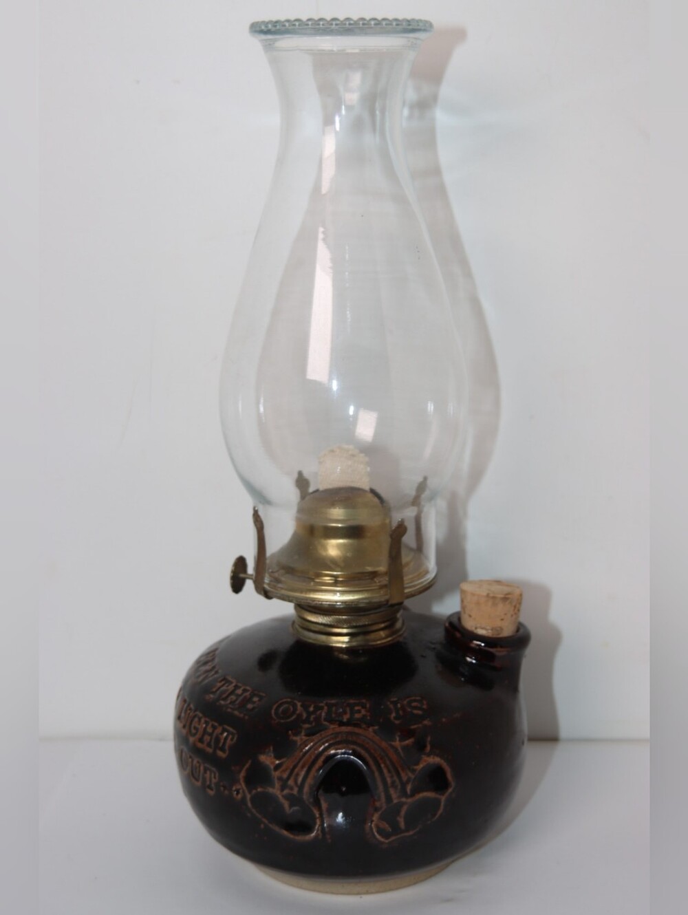 13" Glass Chimney Oil Lamp with Dark Brown Ceramic Base